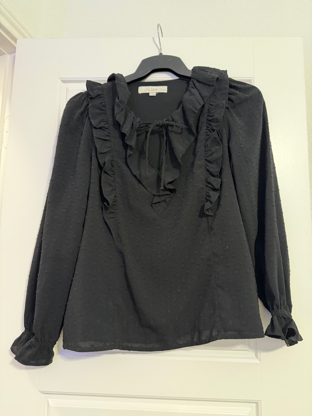 LOFT Black Ruffle Tie-Neck Swiss Dot Blouse